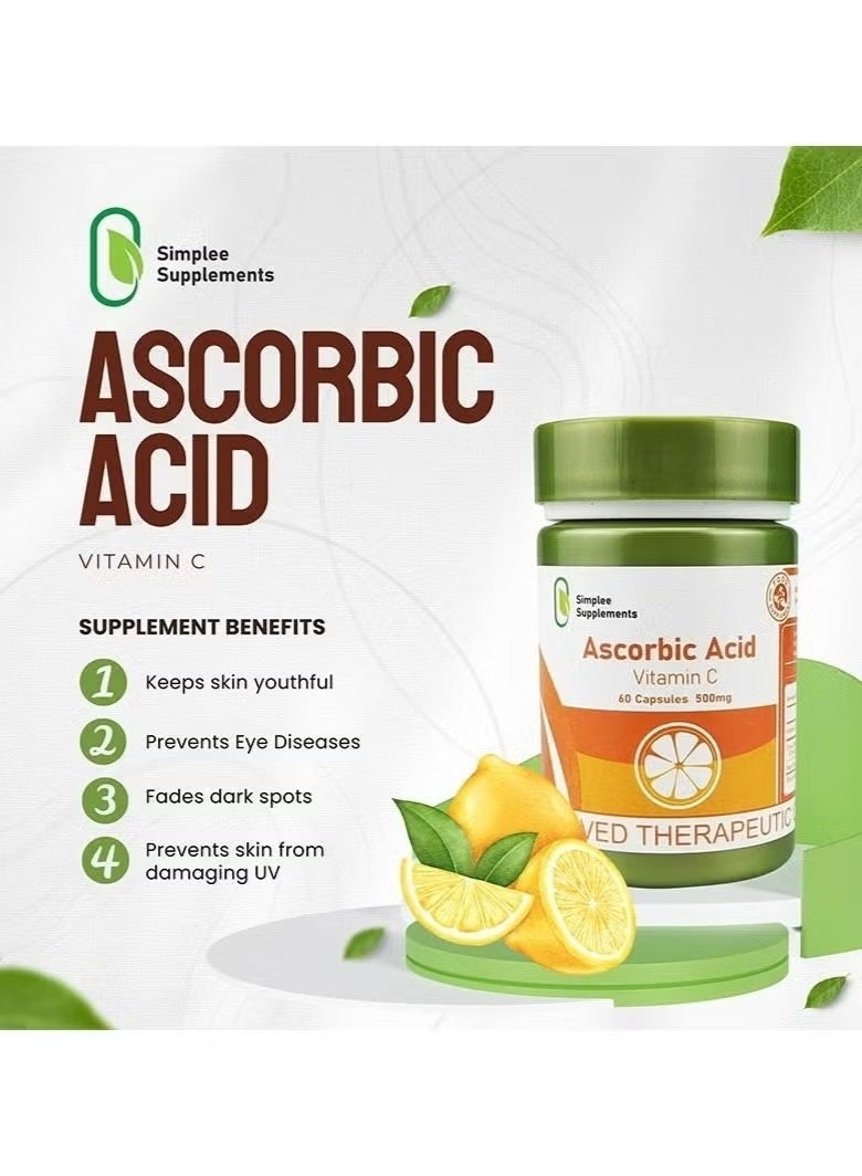 Simplee Supplements Ascorbic Acid Capsules 60 Capsules | Vitamin C 500 mg Daily Wellness Supplement - Image 2